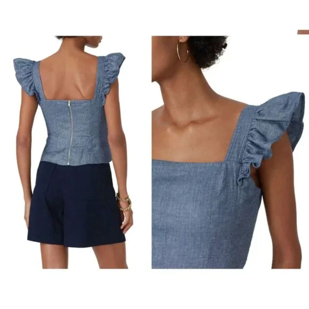 Amur Dede Womens Top Blue Flutter Ruffle Sleeves Size XL